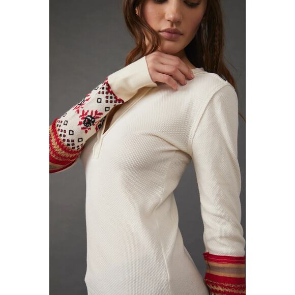 Free People Mikah Notch Neck Top Thermal Long Sleeve Cream Size Large - Picture 2 of 13